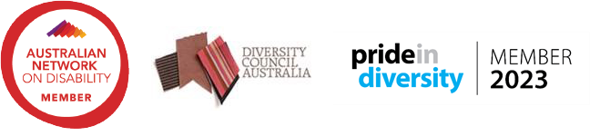 Logos for Australian Network on Disability; Diversity Council Australia; Pride in Diversity Member 2023.