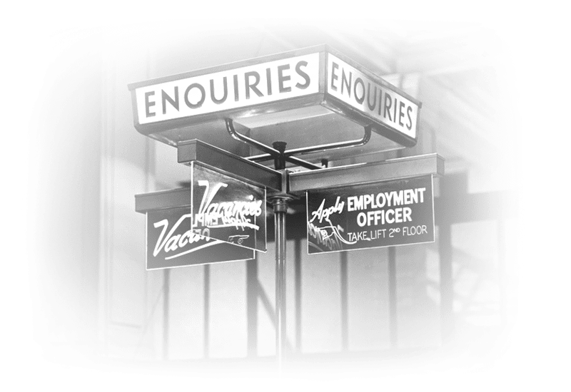 GPO [General Post Office] vacancy sign, main hall, 1956.