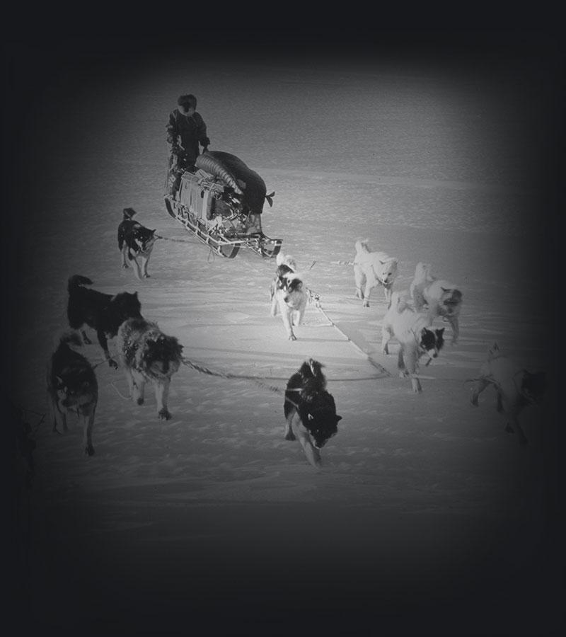 Huskies towing a dogsled across ice.