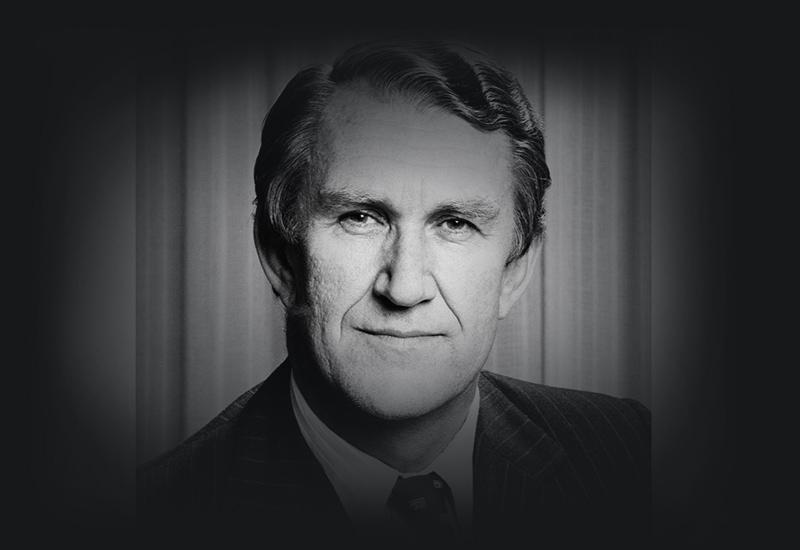 This is a black-and-white portrait of Prime Minister Malcolm Fraser.