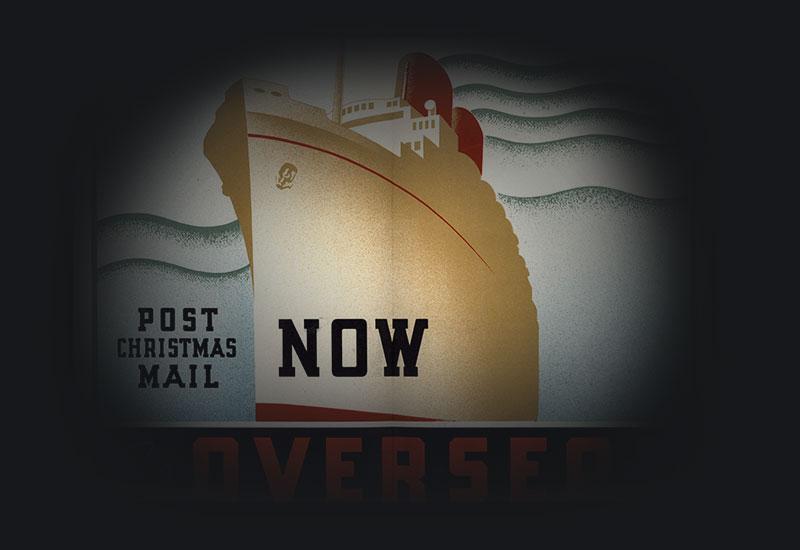 'Post Christmas mail now' colour illustration of a ship in yellow and red