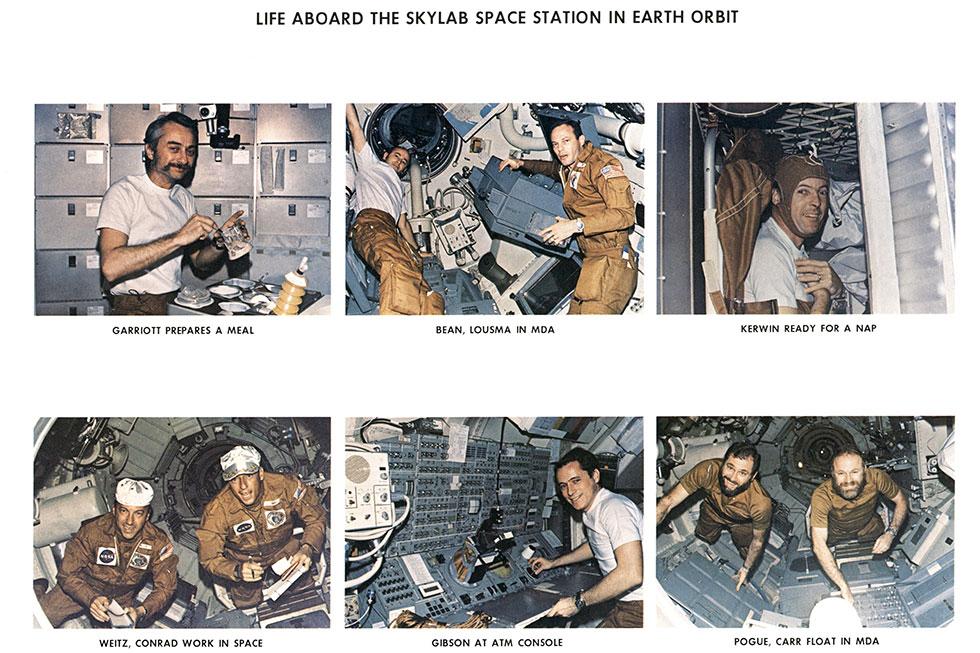 Six colour photographs of male astronauts going about their daily tasks on board Skylab.