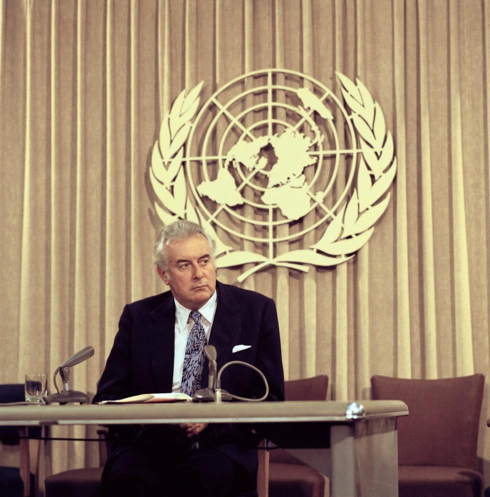 Gough Whitlam speaking at a United Nations convention in the USA.