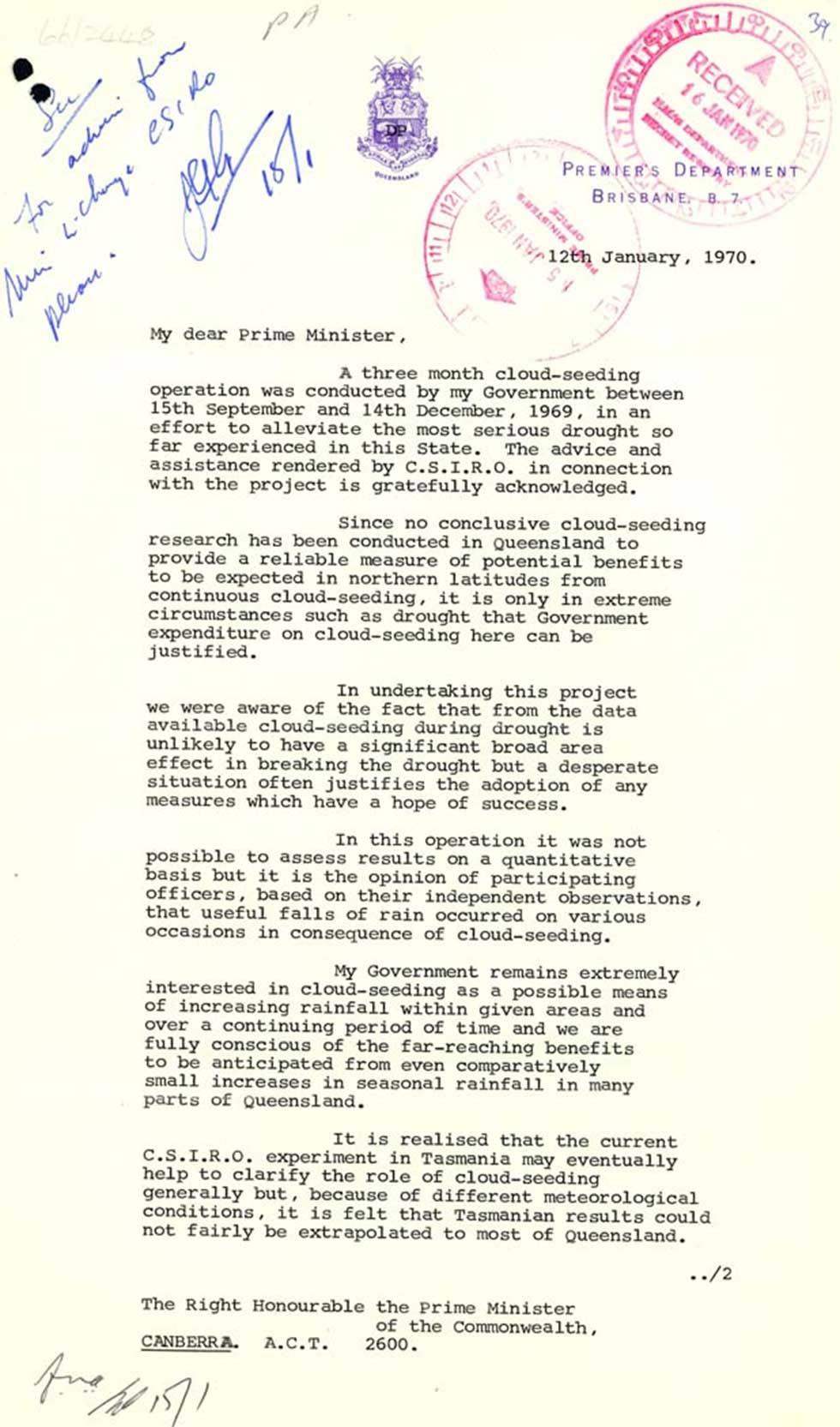 A typed letter addressed to 'My dear Prime Minister', 12 Jan 1970 from Joh Bjelke-Petersen. 