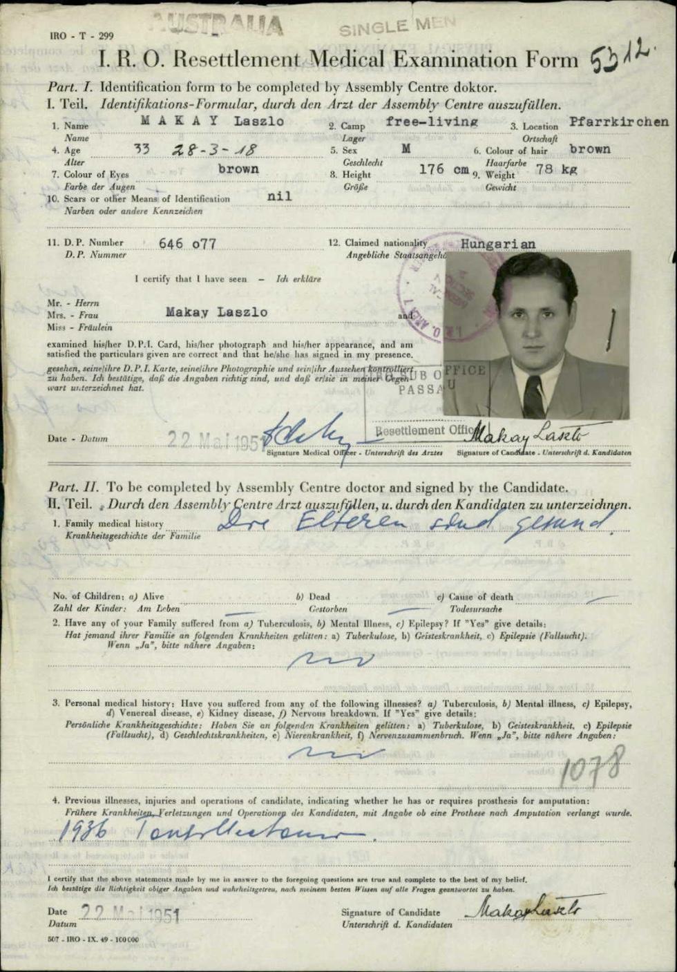 Medical form for Lazlo Makay’s refugee resettlement with portrait.  