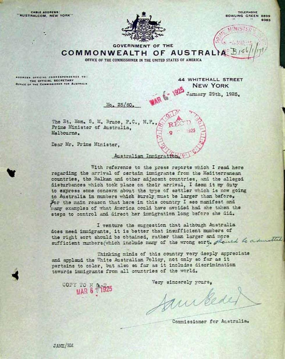 Letter to Prime Minister Stanley Bruce
