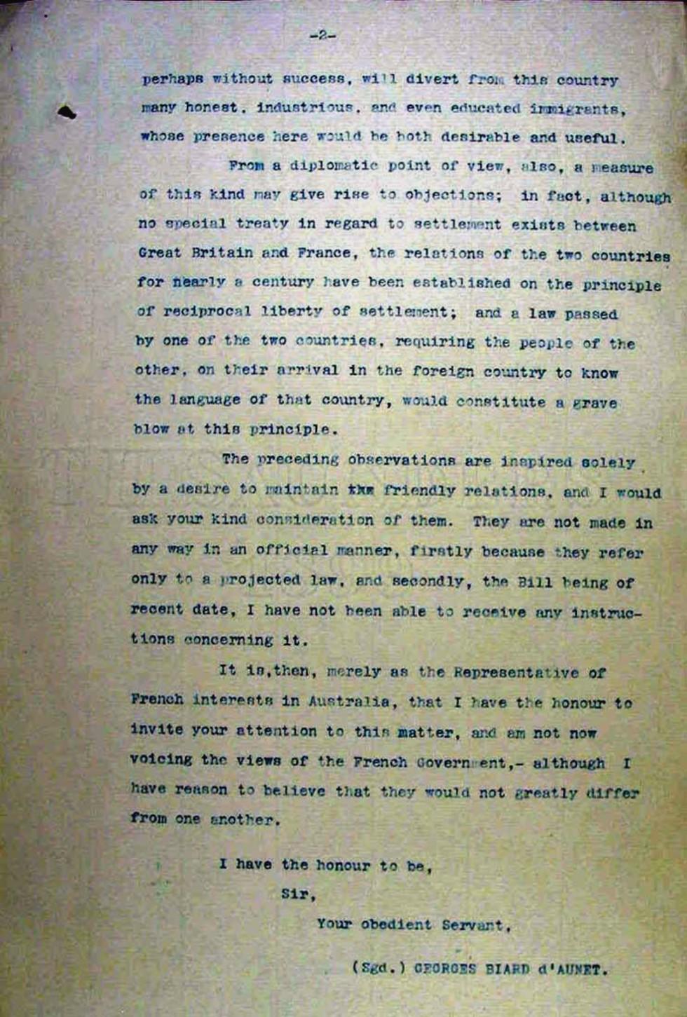 Letter to Prime Minister Edmund Barton
