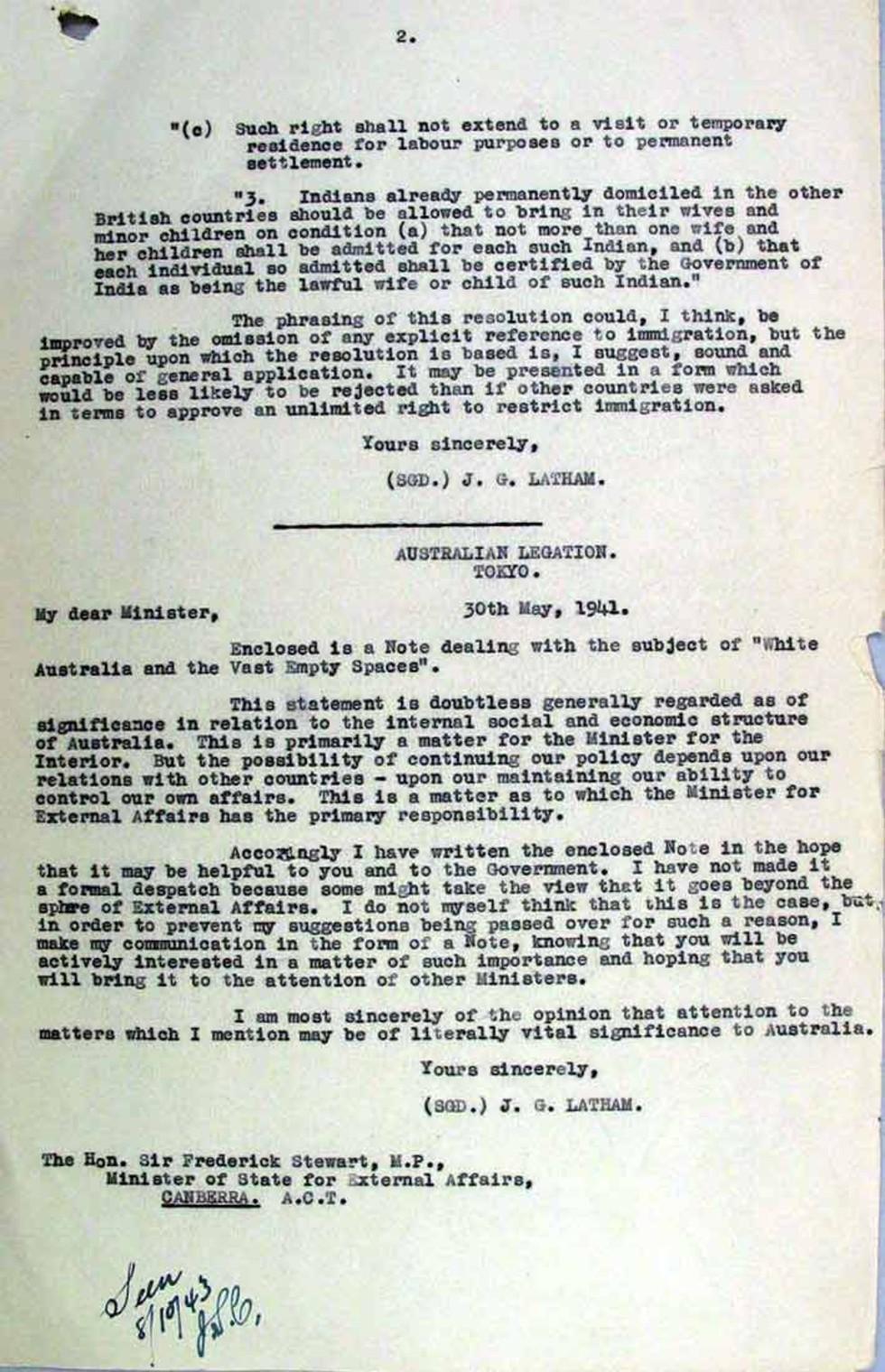 Letter to Prime Minister John Curtin