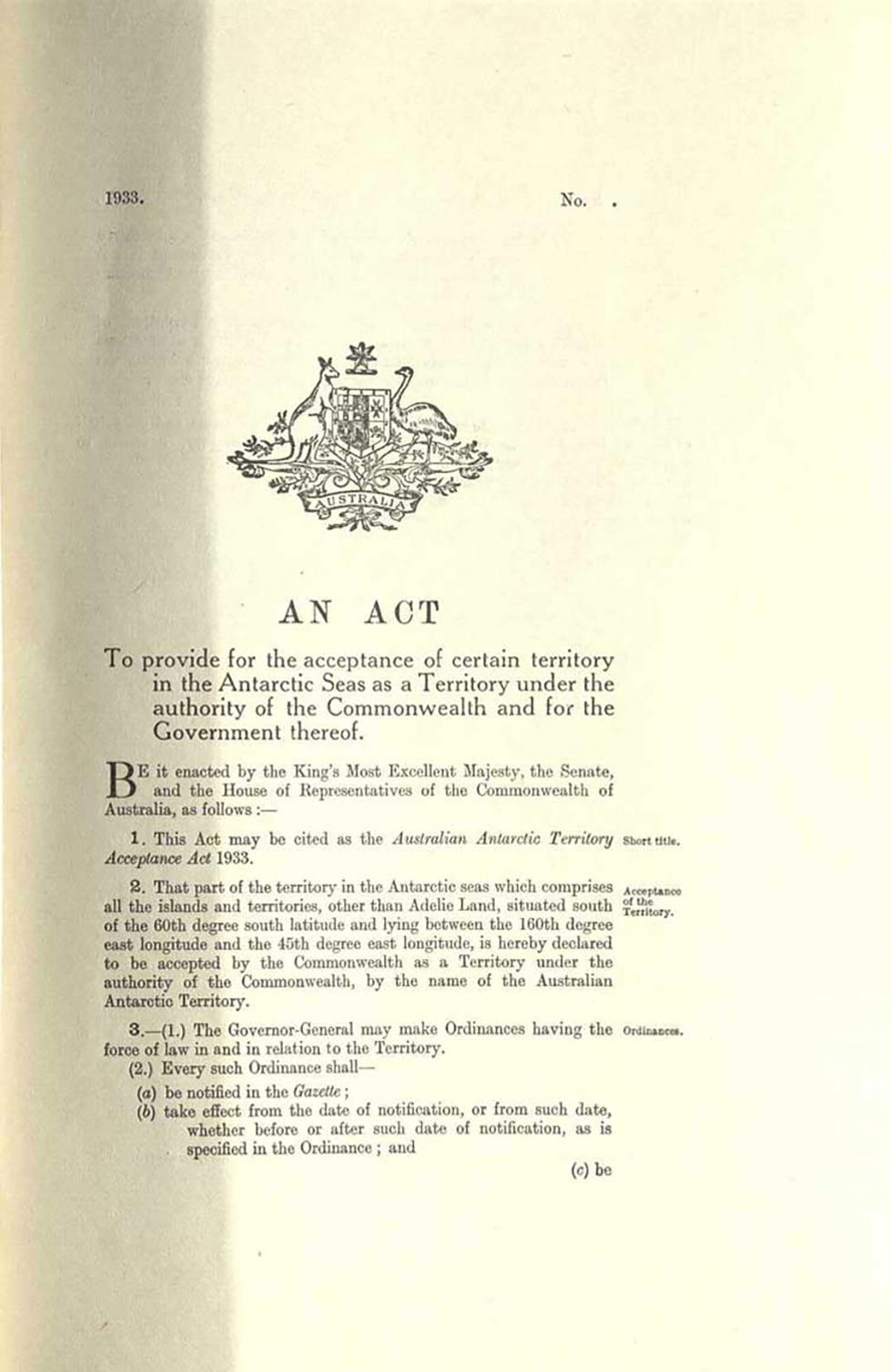 An Act to provide for the acceptance of certain territory in the Antarctic Seas as a Territory under the authority of the Commonwealth and for the Government thereof.
