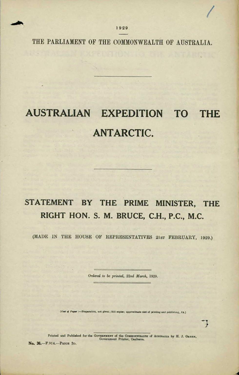 Statement made to the Australian Parliament by Prime Minister Stanley Melbourne Bruce on a proposed Australian expedition to the Antarctic.