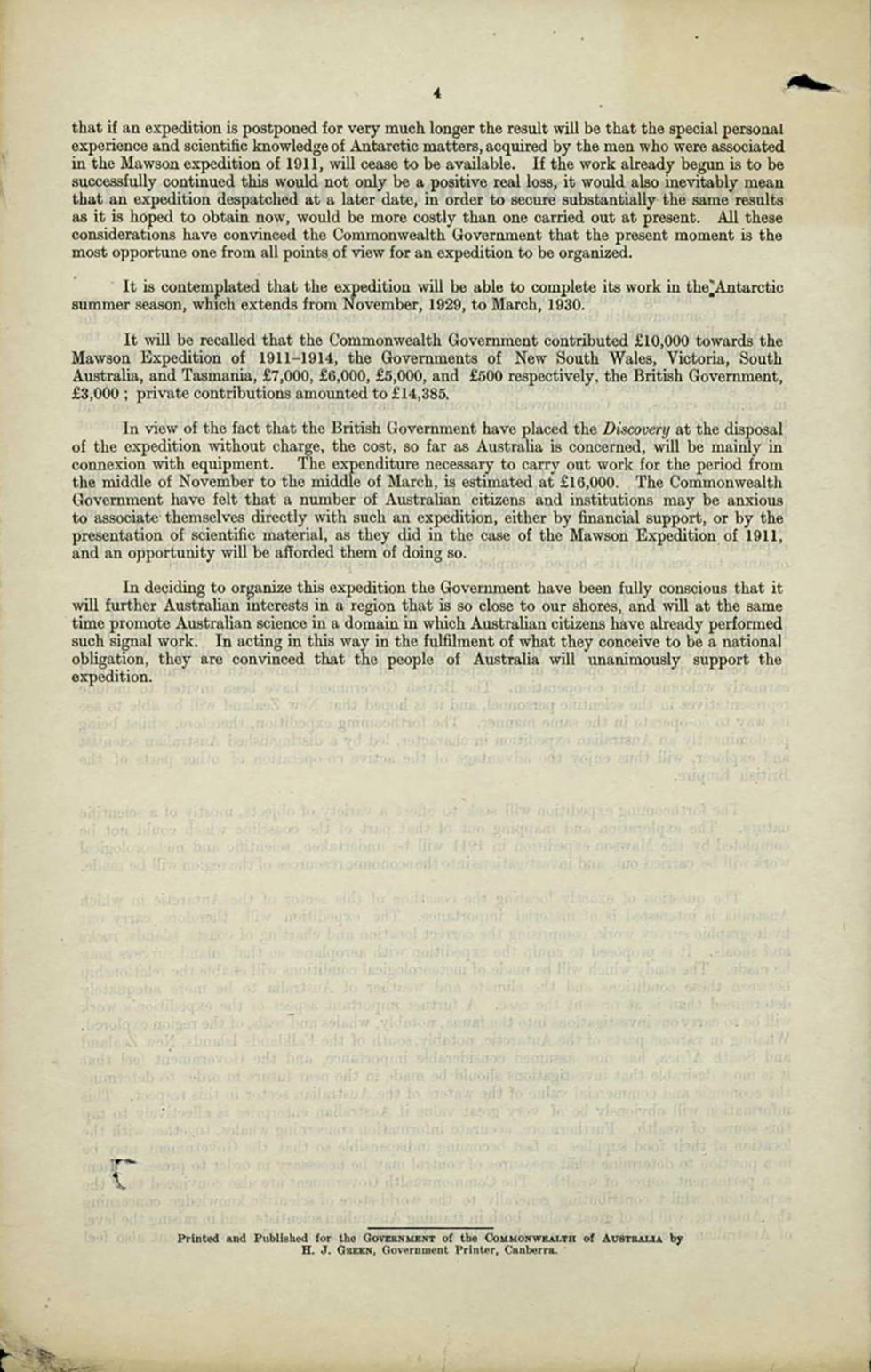 Statement made to the Australian Parliament by Prime Minister Stanley Melbourne Bruce on a proposed Australian expedition to the Antarctic.
