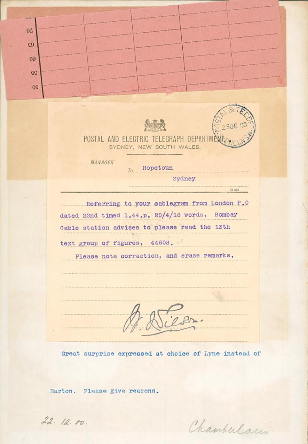 Telegram sent to Australia's Governor-General Designate querying the selection of Australia's first prime minister.