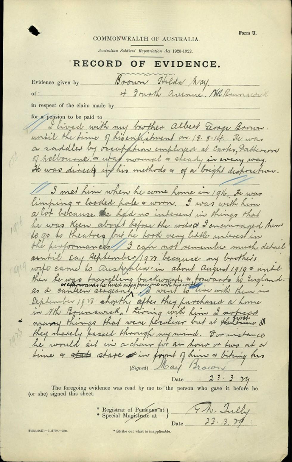 Record of evidence for Repatriation Department, confirming May Brown is caring for her husband, returned soldier.