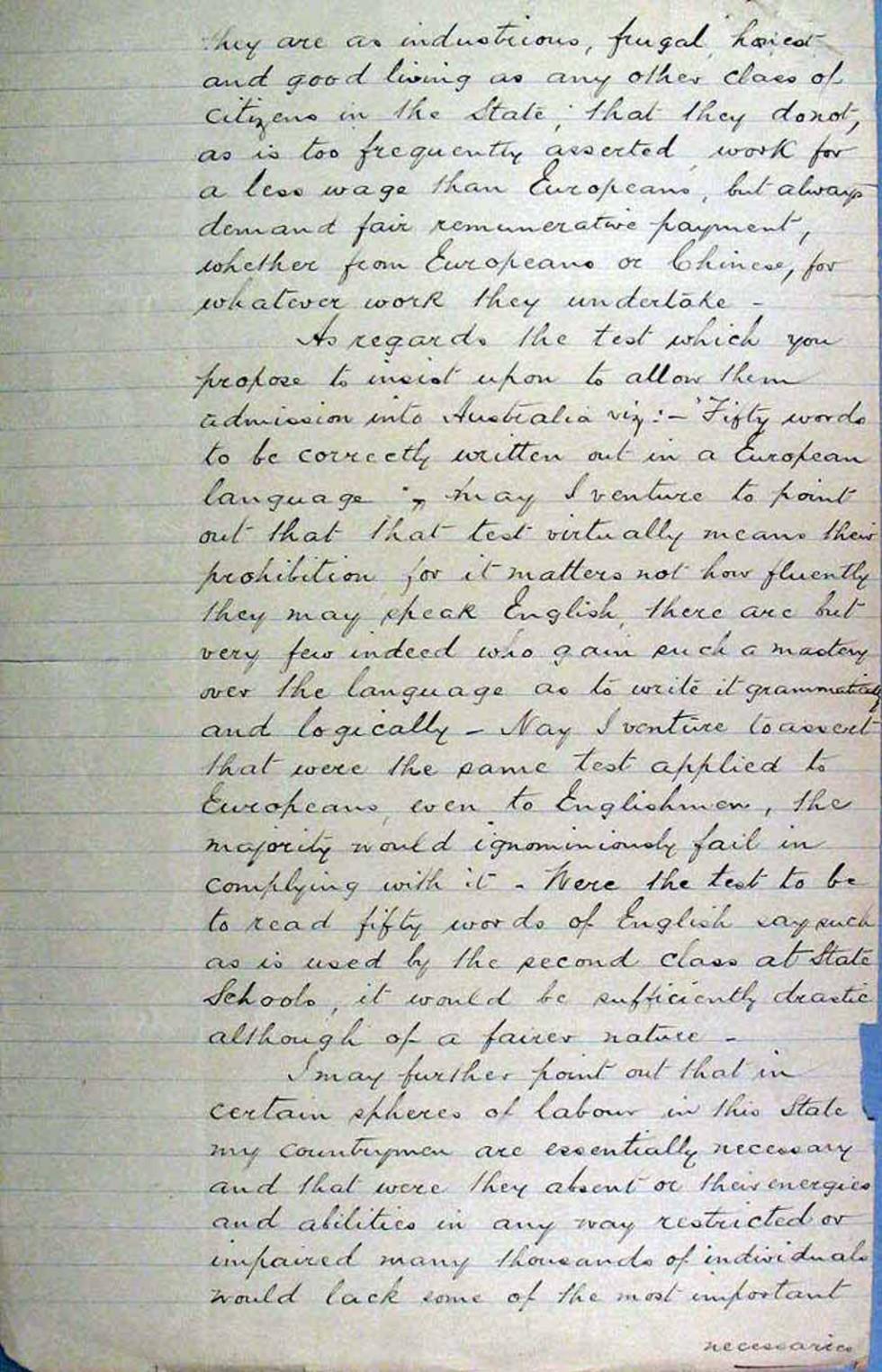 The dictation test and Immigration Restriction Act –  Letter from Paul Soong Quong to Edmund Barton.