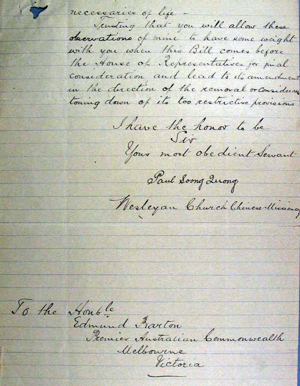 The dictation test and Immigration Restriction Act –  Letter from Paul Soong Quong to Edmund Barton.