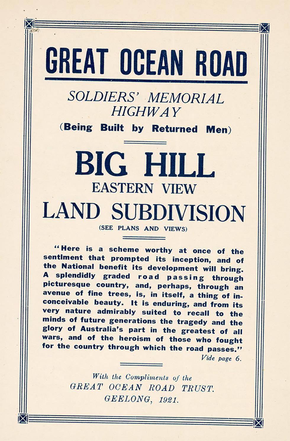 A brochure for the soldiers' memorial highway on the Great Ocean Road, Victoria.