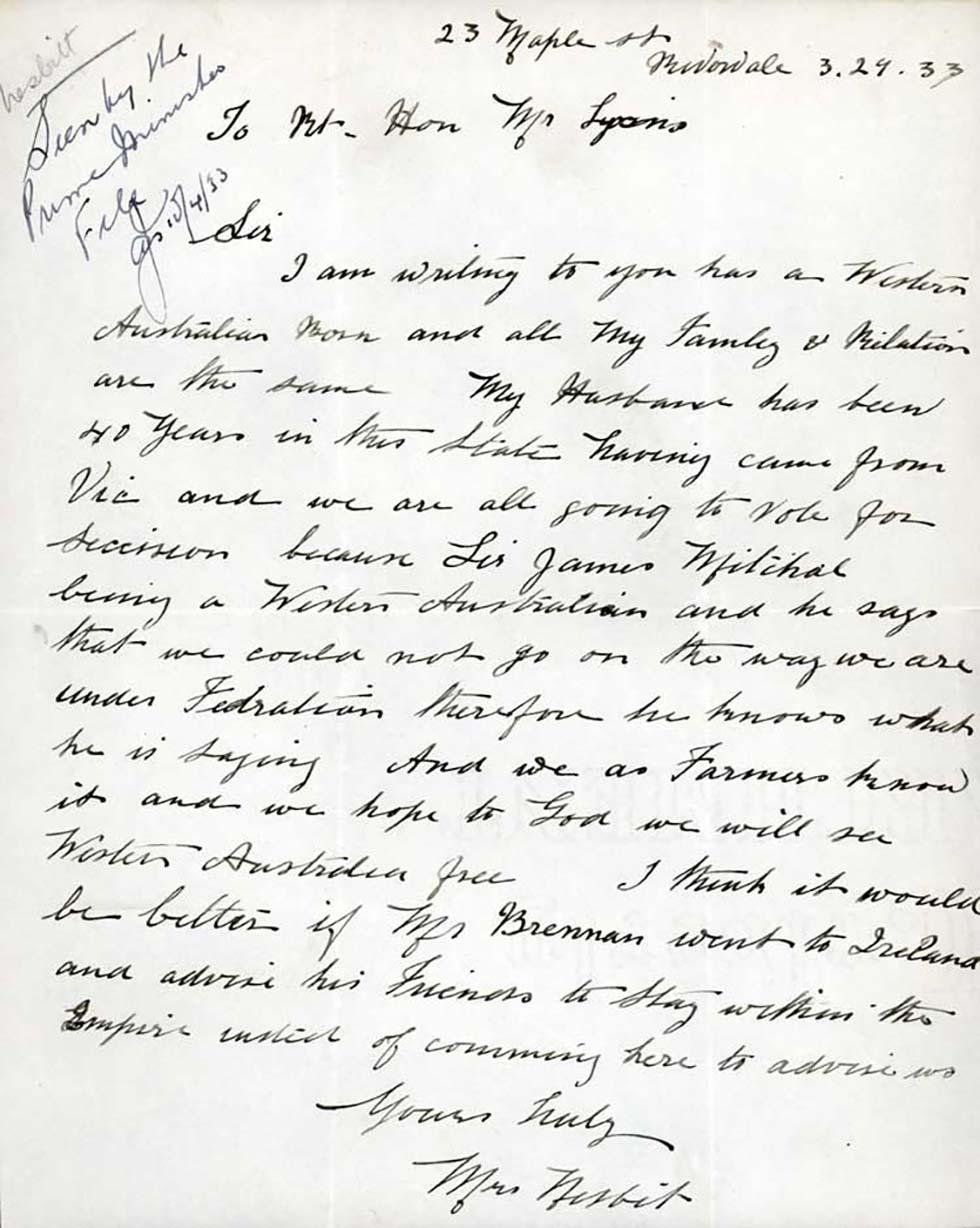 Family vote for secession of Western Australia – letter to Prime Minister Joseph Lyons.
