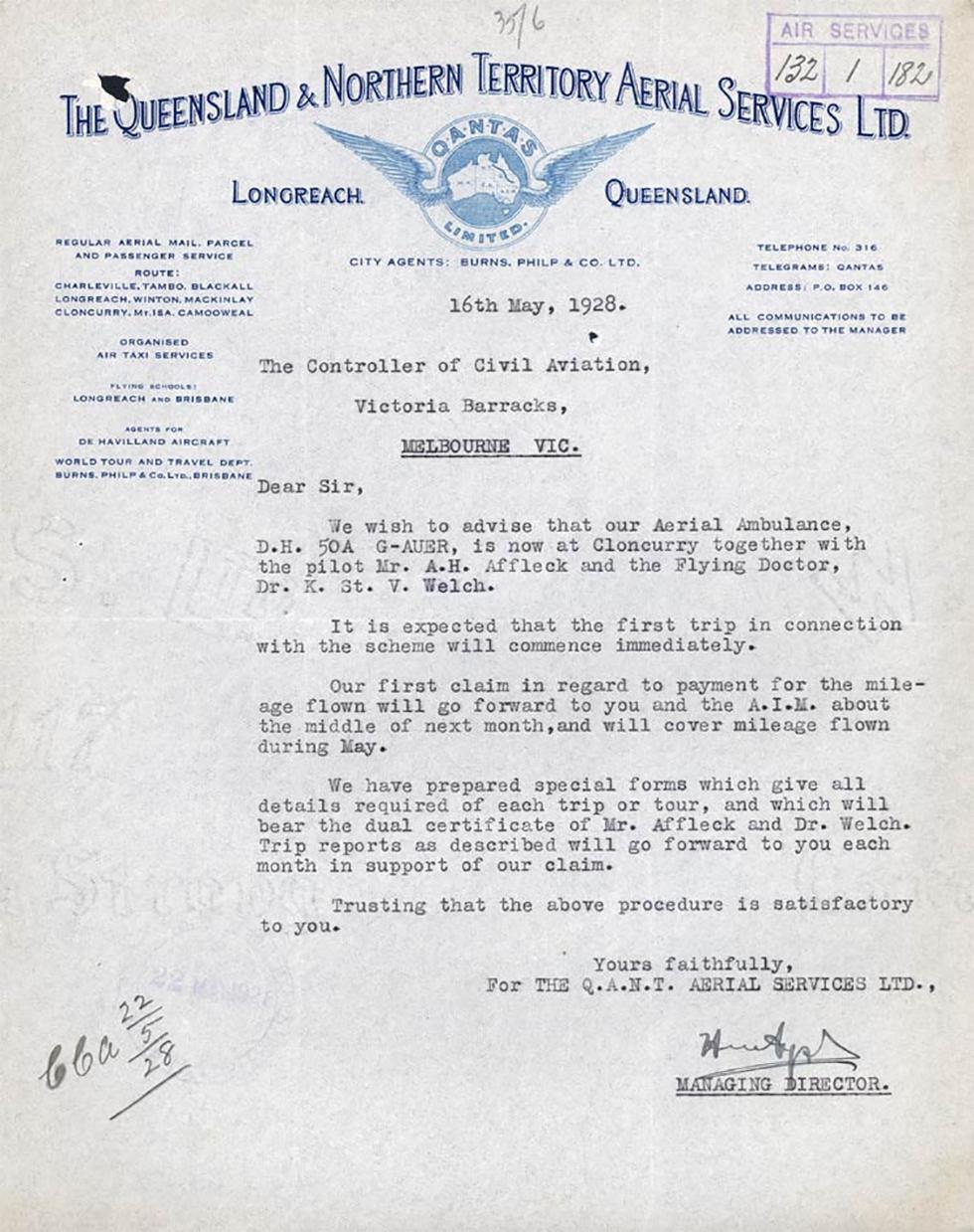 Letter to the controller of Civil Aviation, Victoria Barracks, regarding the first flying doctor trip.
