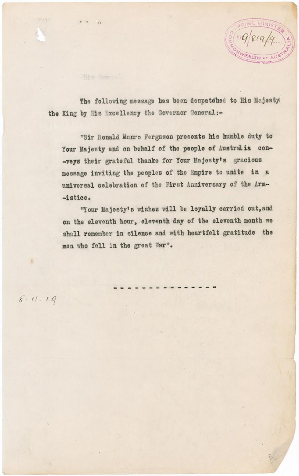 The Australian Governor-General responds to the King's message regarding Armistice Day.