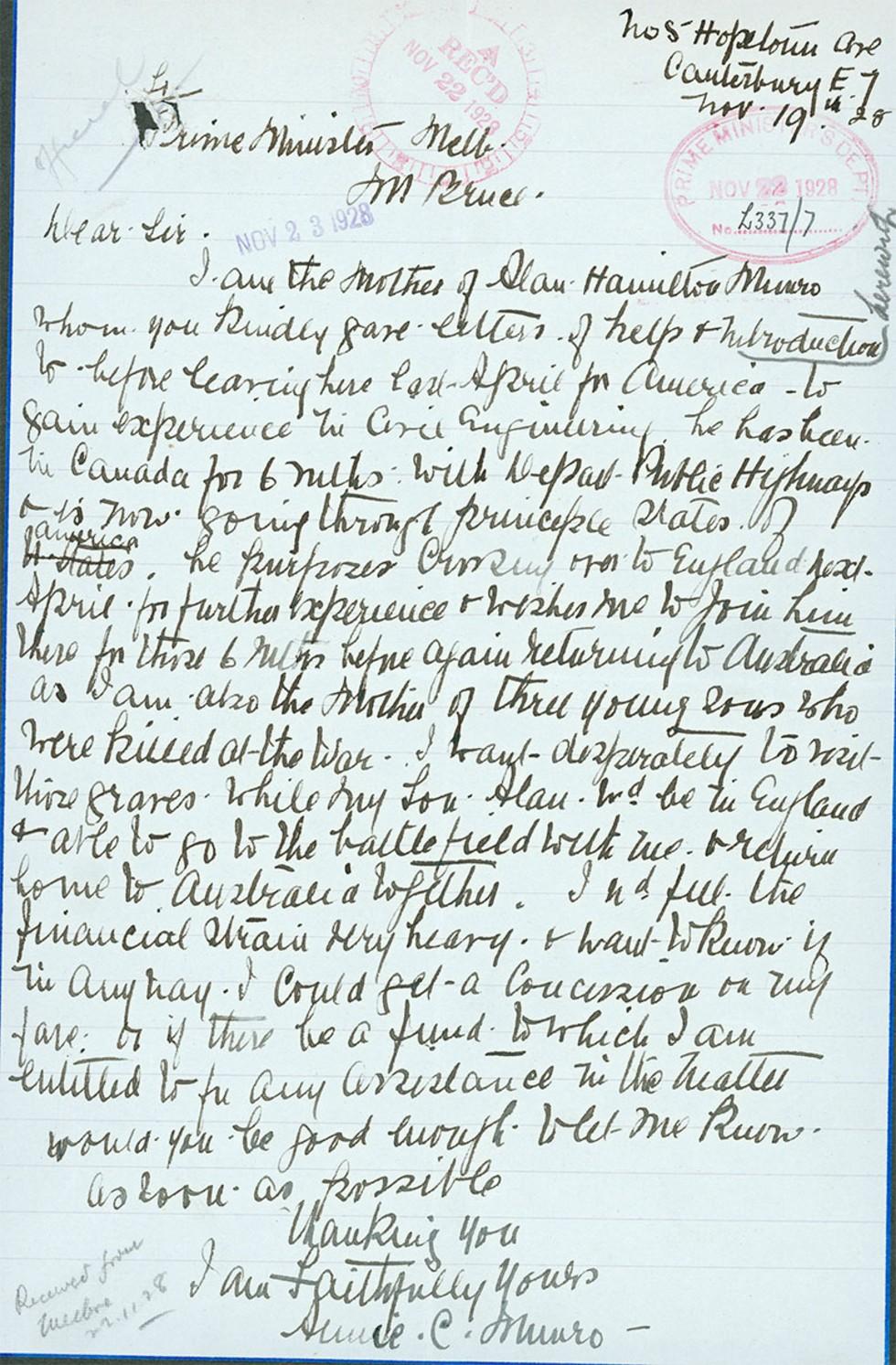 Letter to the Prime Minister from Annie Munro regarding the graves of her soldier sons.