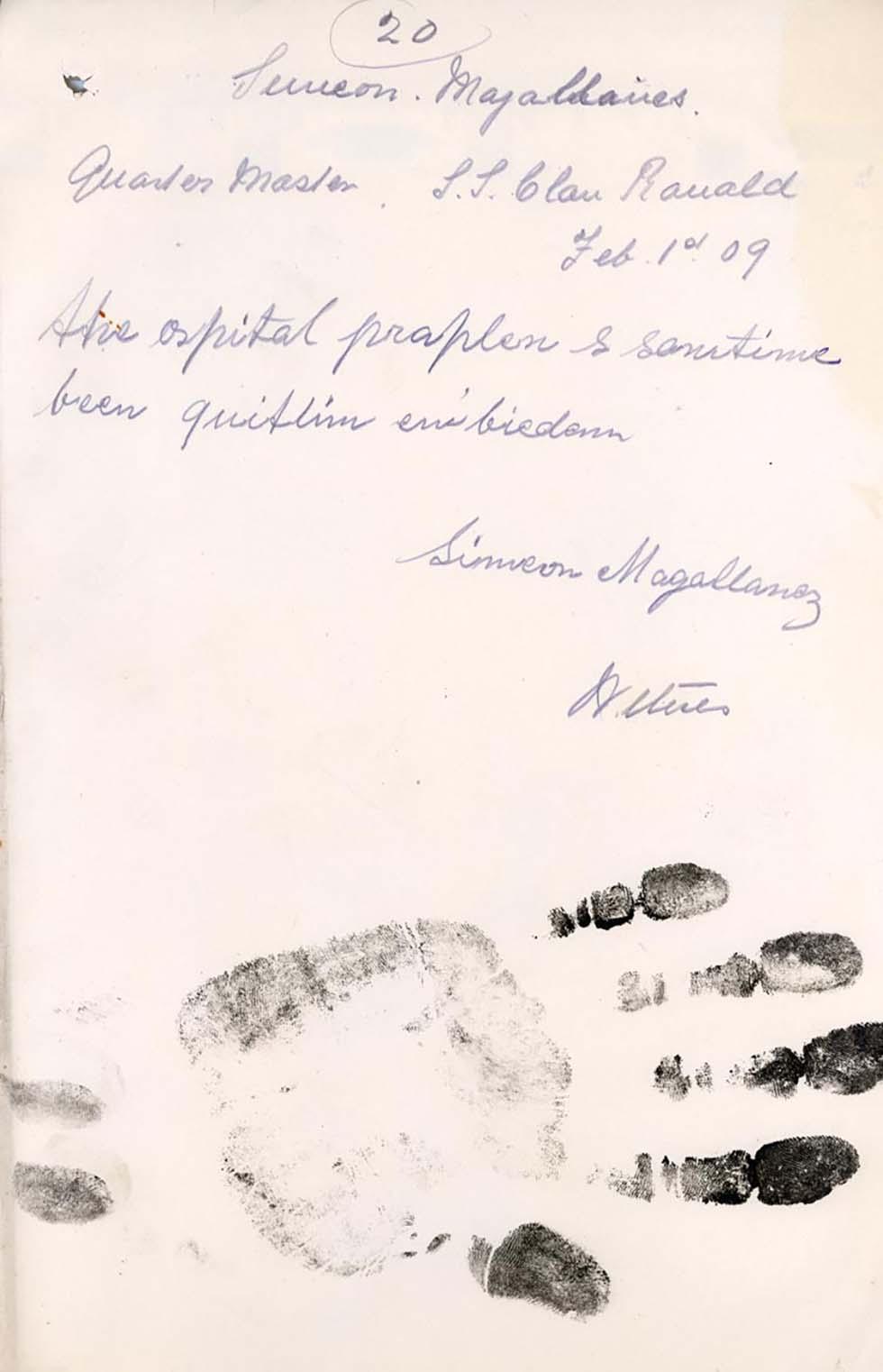 Handprint and dictation test answers of Simeon Magallanez, Quartermaster, SS Clan Ranald.