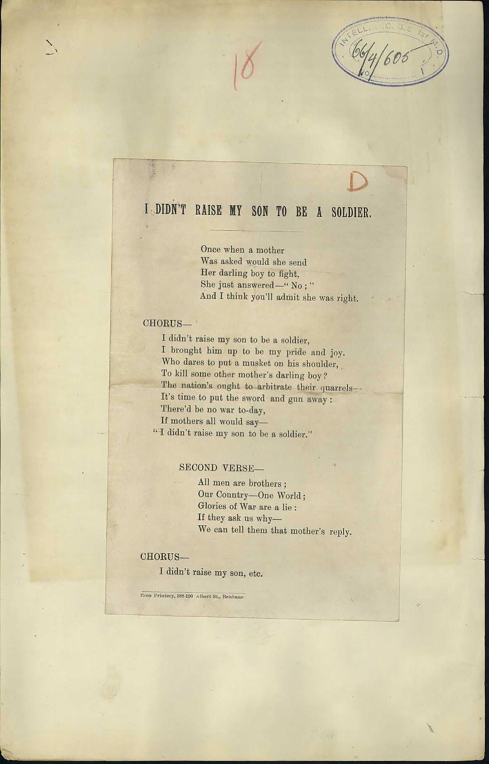 Anti-war song - lyrics for 'I Didn't Raise My Son to be a Soldier'.