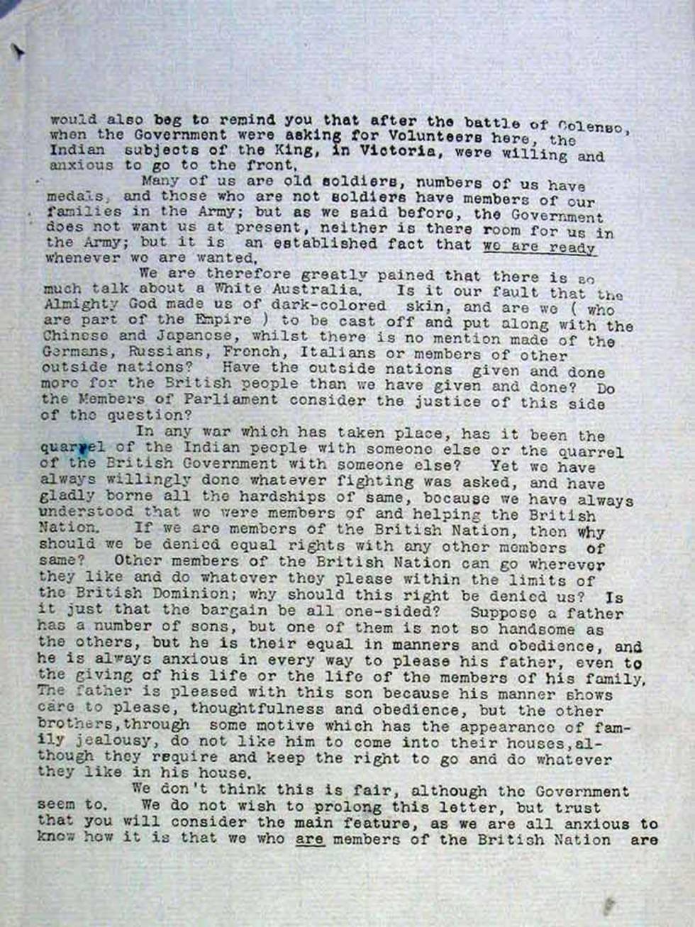 Copy of letter to Prime Minister Edmund Barton.