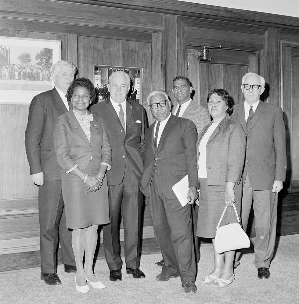 From left to right are Gordon Bryant MP, Faith Bandler, Harold Holt, Douglas Nicholls, Burnum Burnum (Harry Penrith), Winnie Branson and William Wentworth MP. 