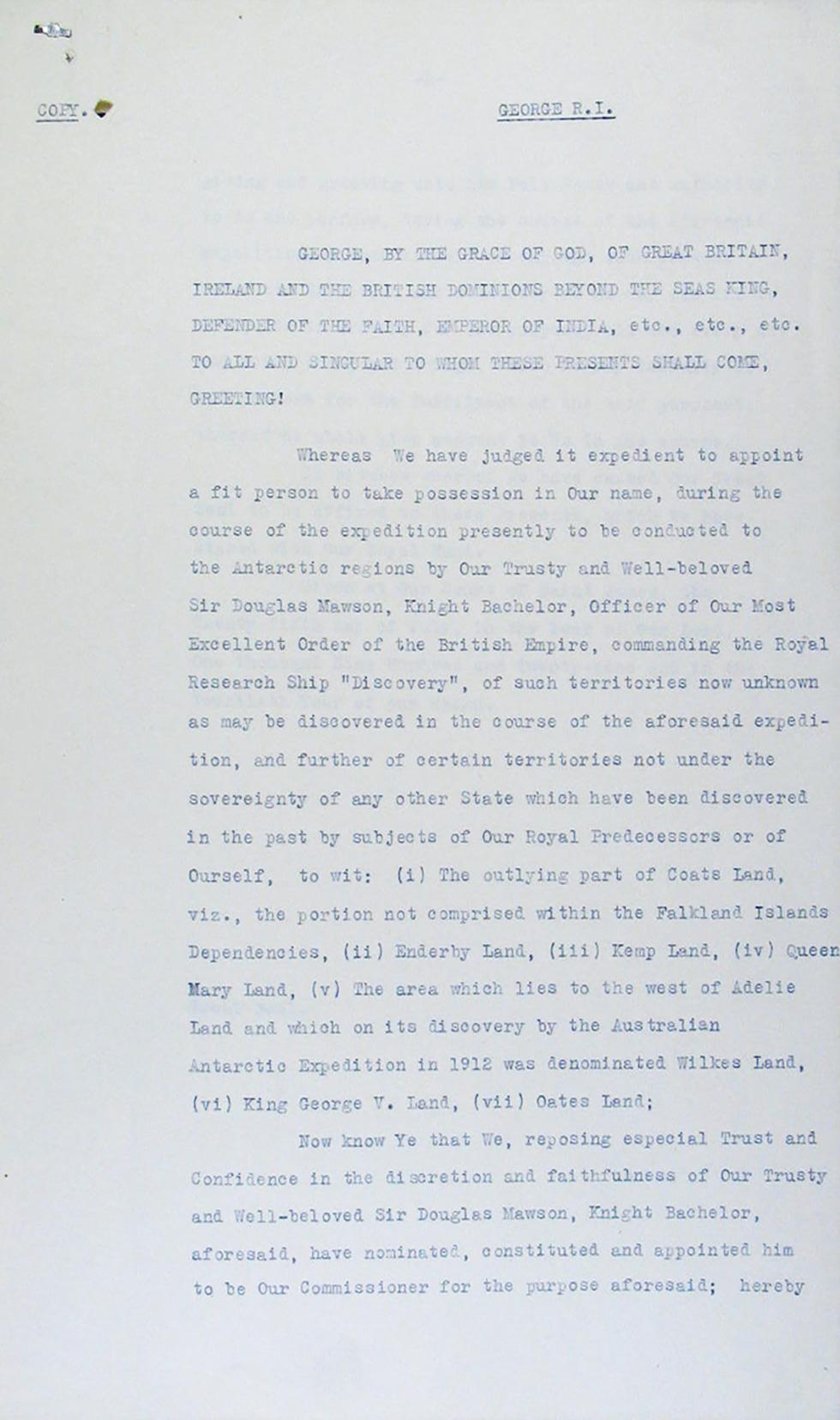 Copy of the King's commission to Sir Douglas Mawson.