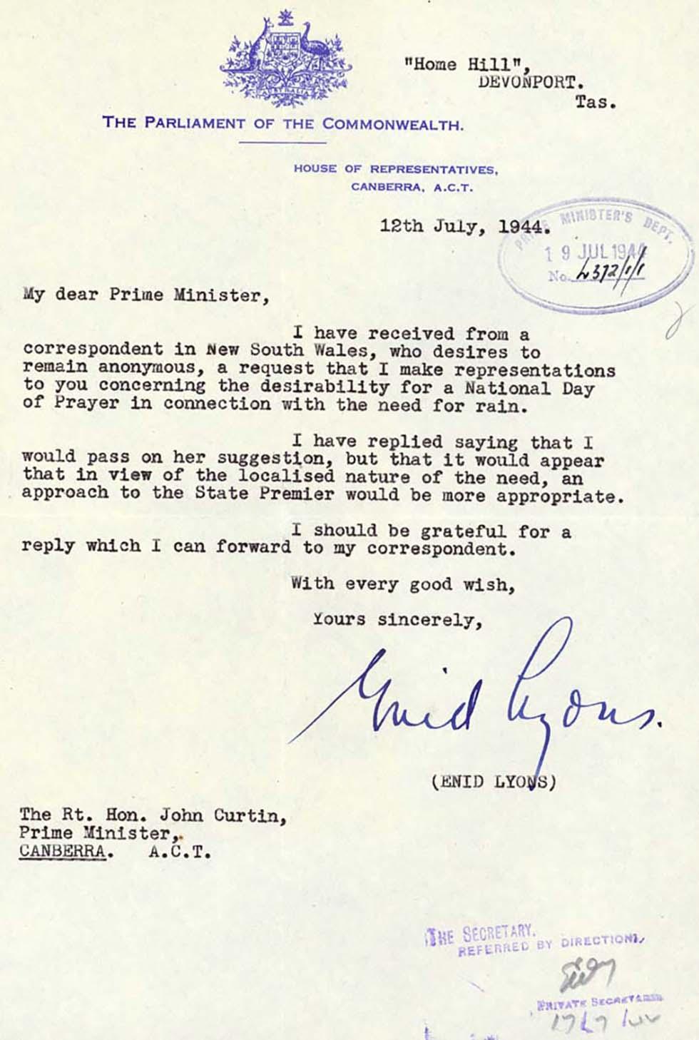 Letter to Prime Minister John Curtin from Enid Lyons about a Day of Prayer for rain.