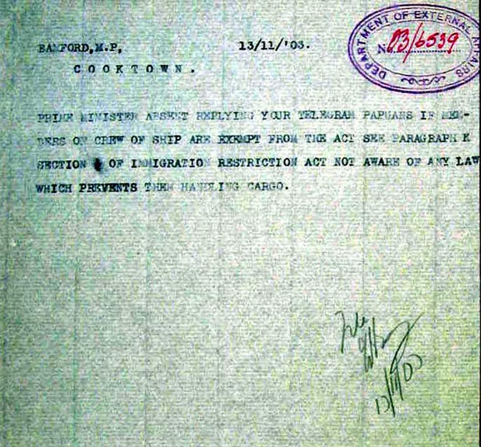 A telegram regarding the exemption of Papuan ship crew from the Immigration Restriction Act.