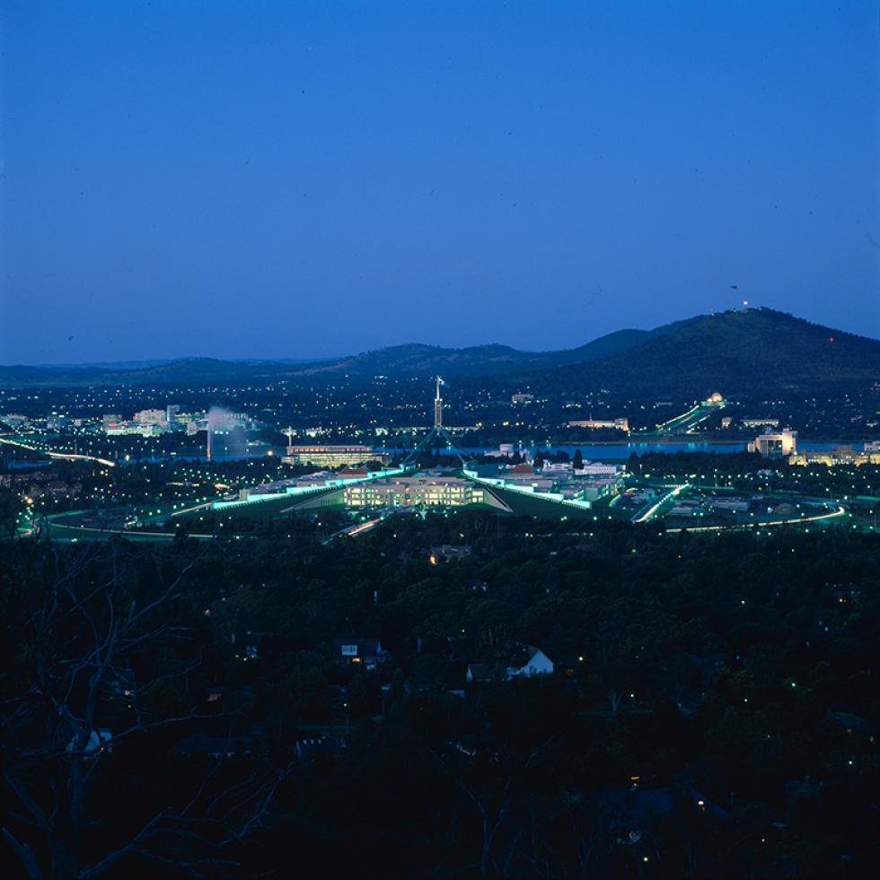 Aerial view of Parliament House at night. 