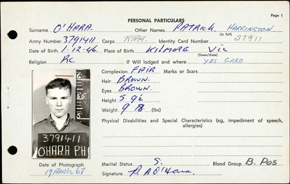 Personal Particulars form for Vietnam conscript Patrick O'Hara.