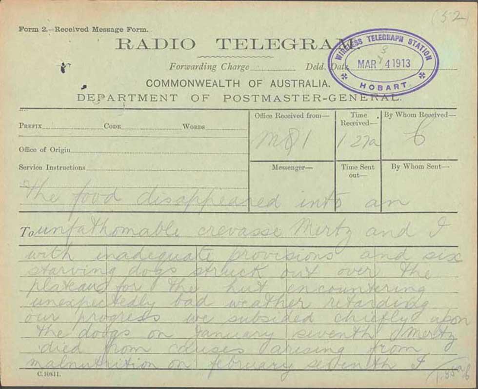 Radio telegram from Douglas Mawson to Professor Edgeworth David.
