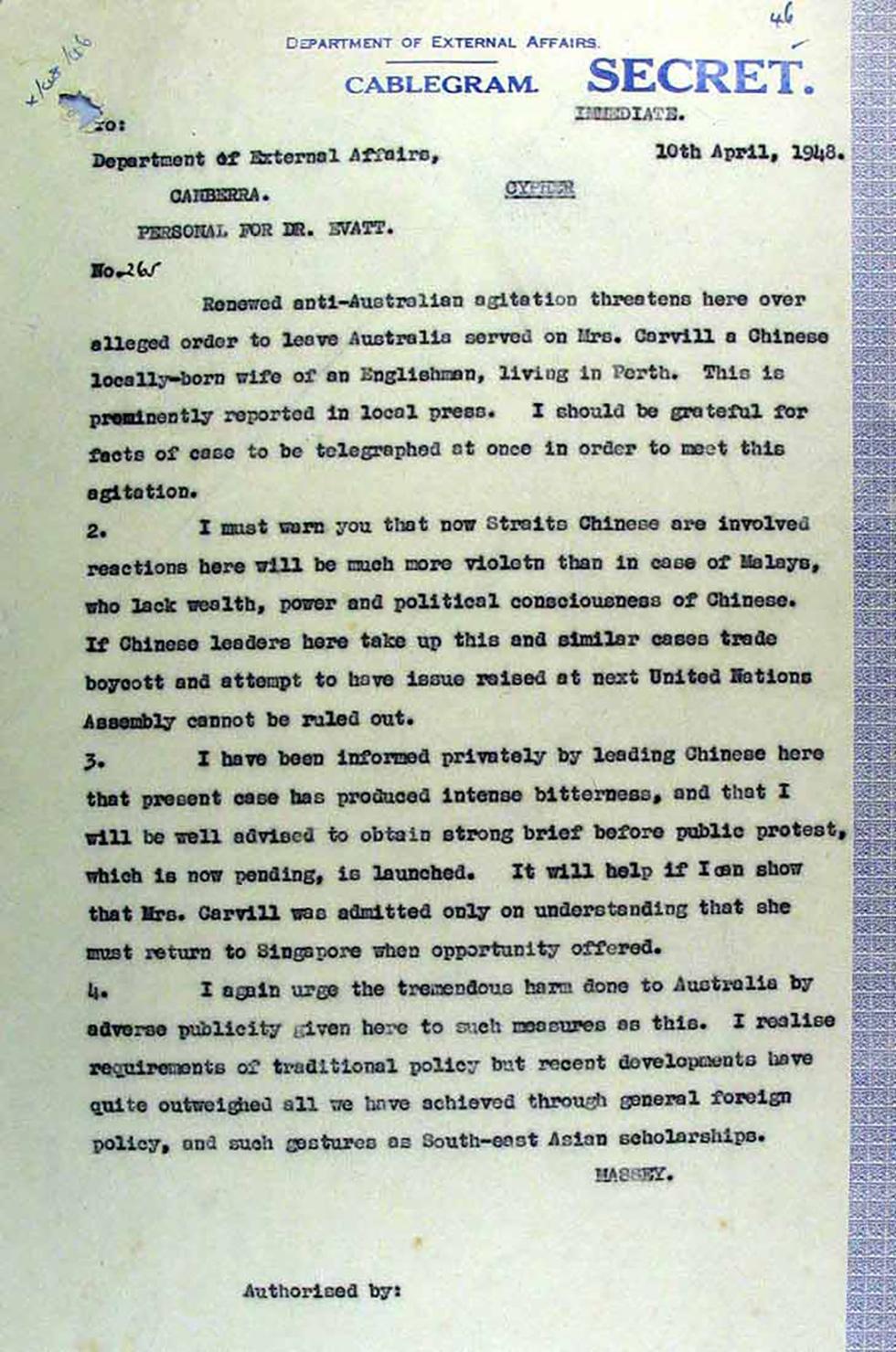 Cablegram addressed to Dr. Evatt regarding anti-Australian agitation.