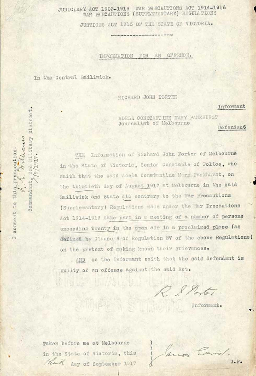 Report on the arrest of suffragette Adela Pankhurst for anti-war protest.