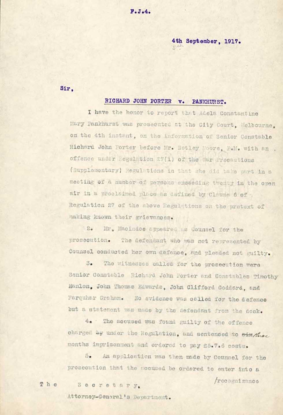 Report on the arrest of suffragette Adela Pankhurst for anti-war protest.