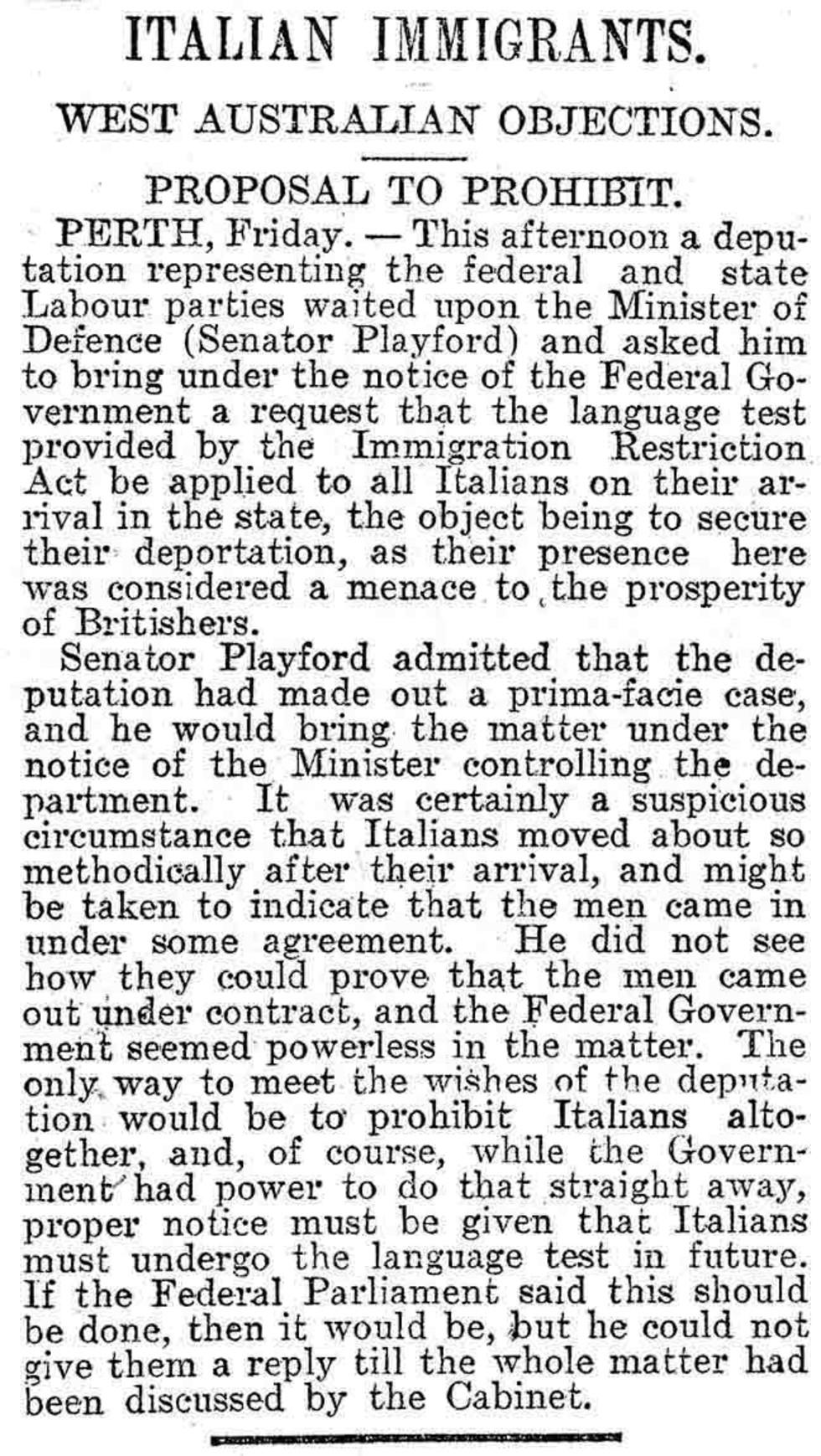 News paper article outlining West Australian request to prohibit Italian migration.