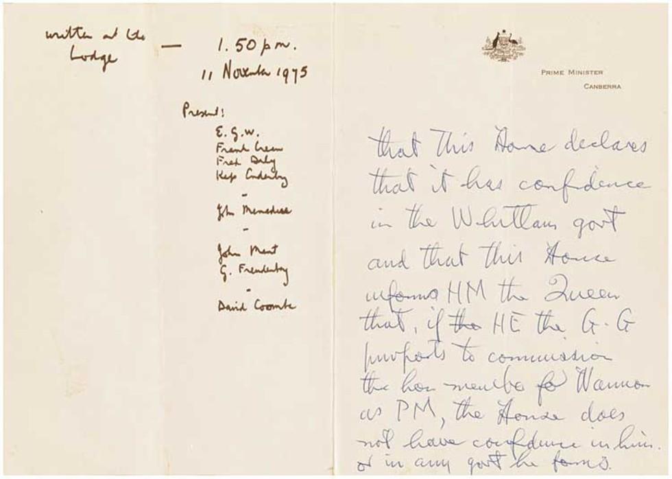 This is a draft notice of motion written by Gough Whitlam in response to the Dismissal.