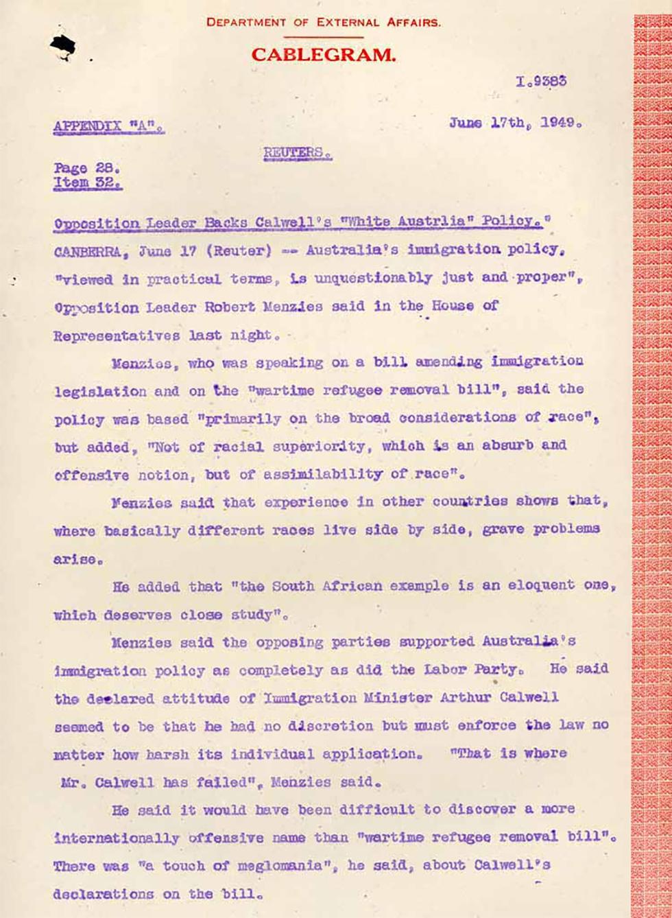 Cablegram about Menzies' speech on the wartime refugee removal bill.