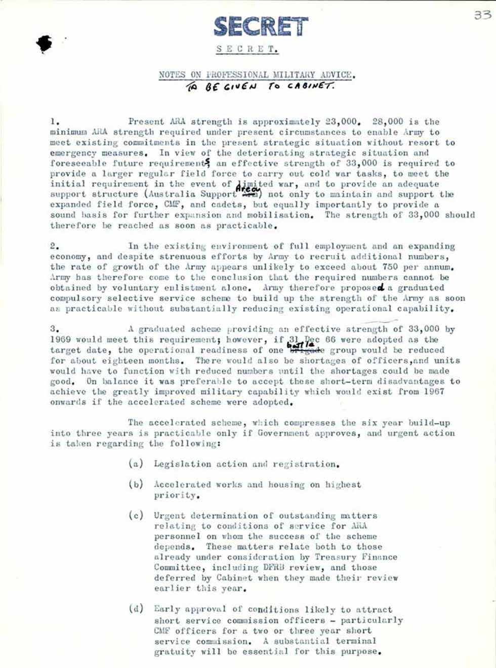 Secret memorandum for Cabinet on compulsory military service in 1964.