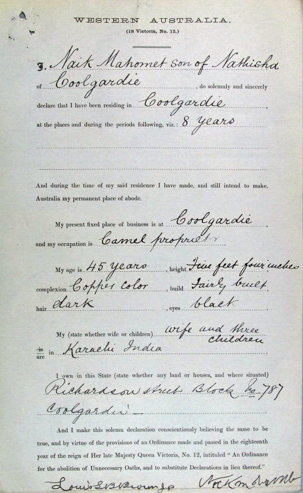 Western Australia Statutory Declaration form completed by Naik Mahomet son of Nathisha.