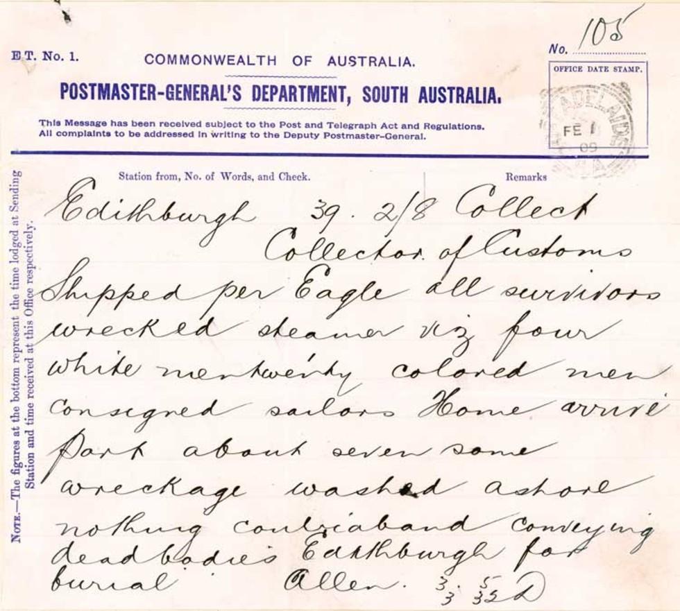 Telegram from Customs, confirming the departure of survivors (of the Clan Ranald ship wreck) sailing to Port Adelaide.