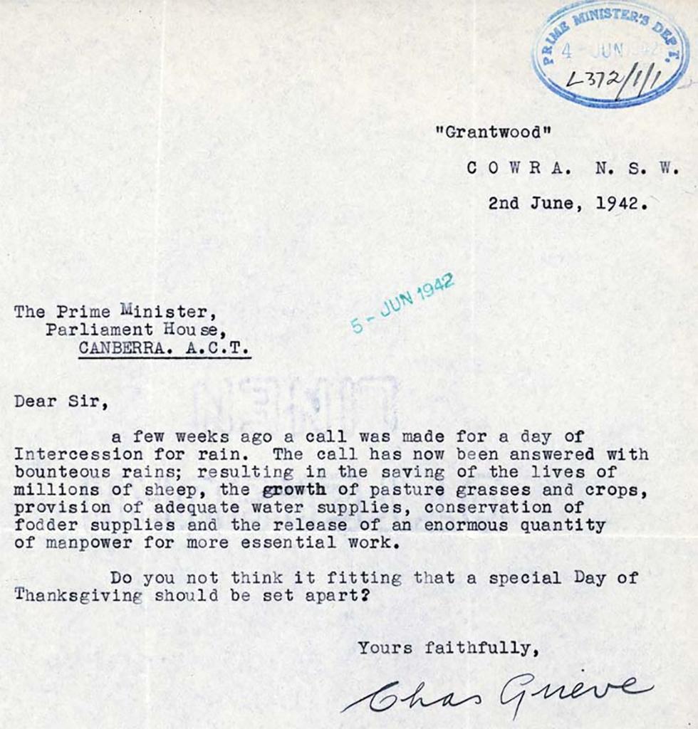 Letter to Prime Minister John Curtin requesting a Day of Thanksgiving for rain.