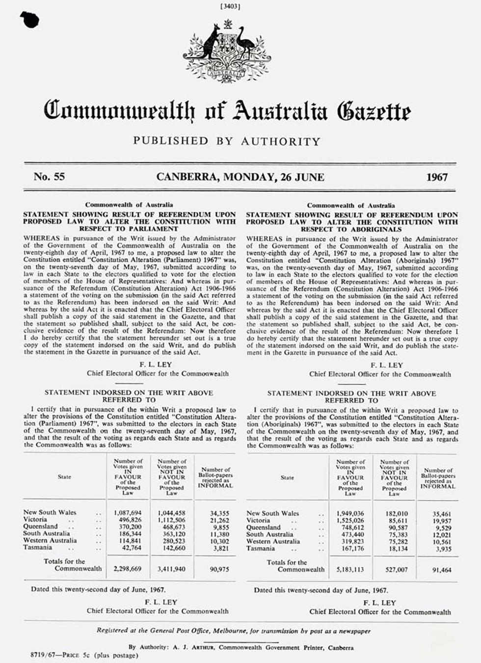 Notice of the results of the 1967 referendum.