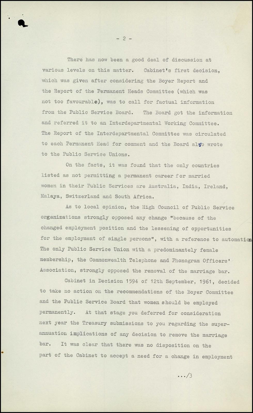 Typed letter with ‘Confidential’ and the words ‘Note for Cabinet discussions: Appointment of Married Women to Permanent Public Service’ underlined. 