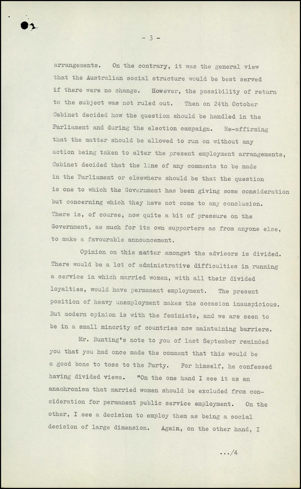 Typed letter with ‘Confidential’ and the words ‘Note for Cabinet discussions: Appointment of Married Women to Permanent Public Service’ underlined.