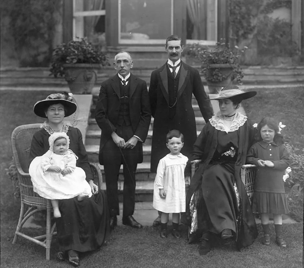 Mary Hughes with baby Helen, WM Hughes, Neville Chamberlain and his family in Birmingham, England in May 1916.
