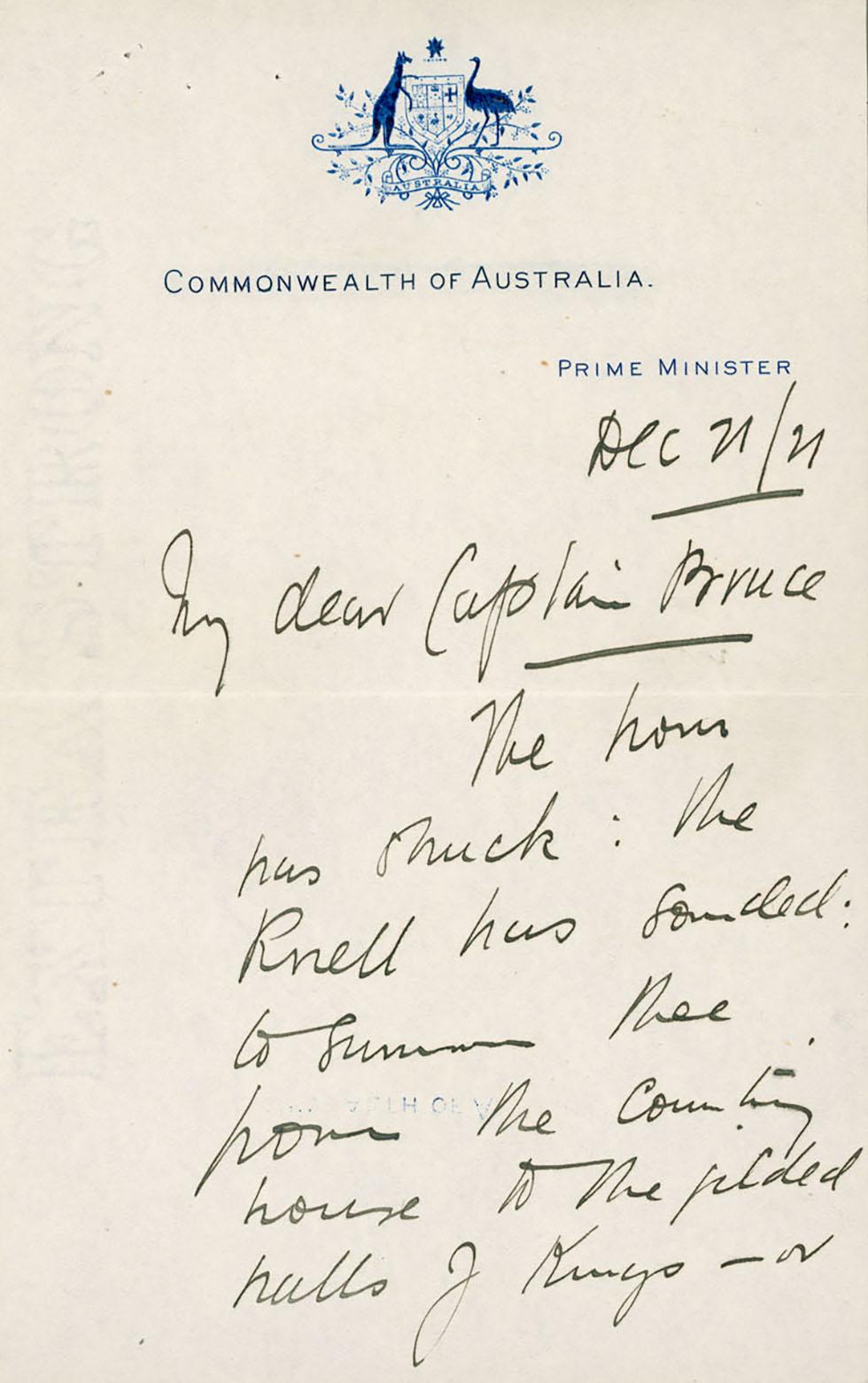 Note from WM Hughes to SM Bruce welcoming him as Treasurer on 21 December 1921.