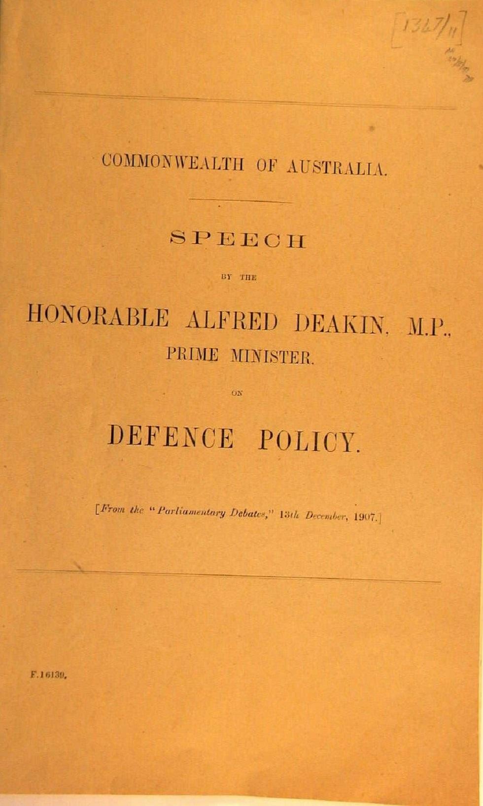 Deakin’s defence policy speech, 13 December 1907